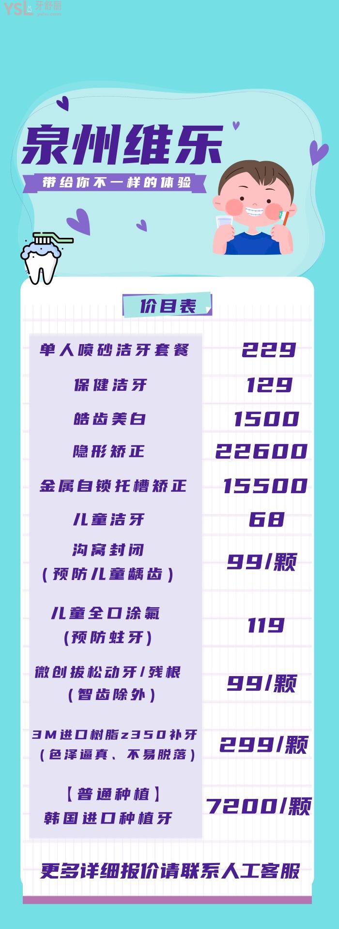泉州維樂口腔醫(yī)院價(jià)目表