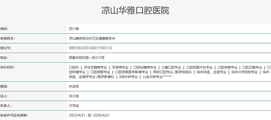 涼山華雅口腔醫(yī)院衛(wèi)健委資料