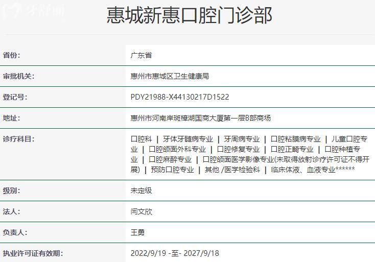 惠城新惠口腔門診部資質