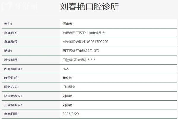 洛陽劉春艷口腔診所資質信息