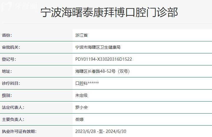 寧波海曙泰康拜博口腔門診部資質(zhì)