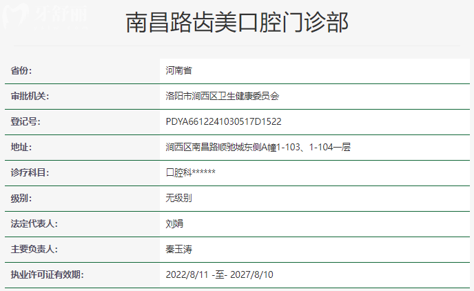 洛陽(yáng)南昌路齒美口腔門(mén)診部資質(zhì)信息