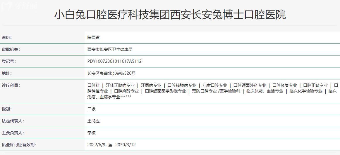 西安長安兔博士口腔醫(yī)院衛(wèi)健委資質(zhì)