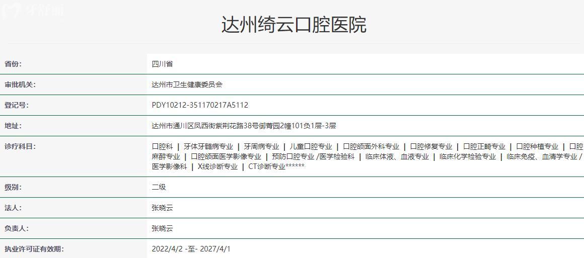 達(dá)州綺云口腔醫(yī)院衛(wèi)健委資料