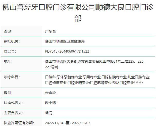 佛山喜牙牙口腔門診部資質(zhì)