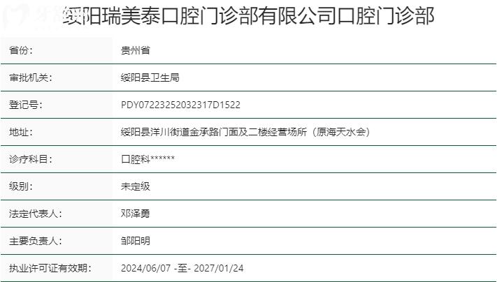 遵義綏陽瑞美泰口腔門診部資質(zhì)