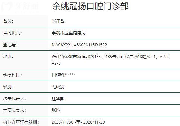 寧波余姚冠揚口腔門診部資質