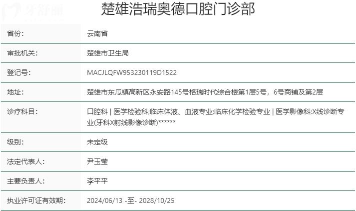 楚雄奧德口腔門診部資質(zhì)