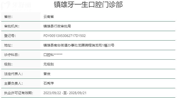 鎮(zhèn)雄牙一生口腔門診部資質
