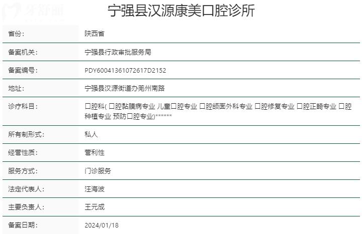 漢中寧強(qiáng)縣漢源康美口腔診所資質(zhì)