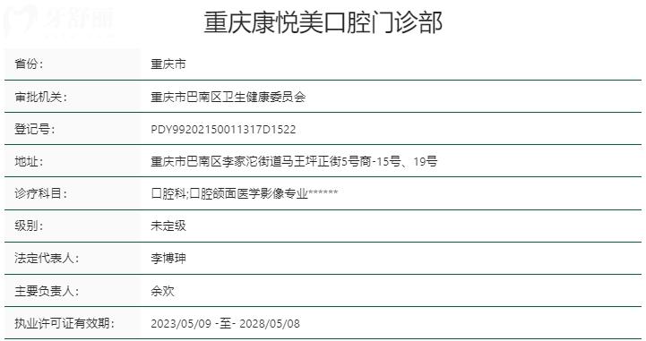 重慶康悅美口腔門診部資質