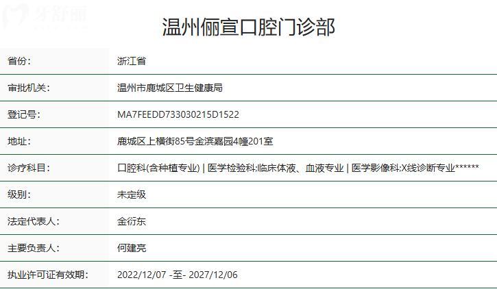 溫州儷宣口腔門(mén)診部衛(wèi)健委資質(zhì)