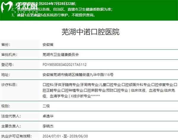 蕪湖中諾口腔二級資質
