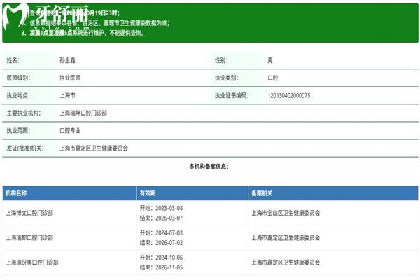 孫金鑫口腔醫(yī)生執(zhí)業(yè)資質(zhì)查詢